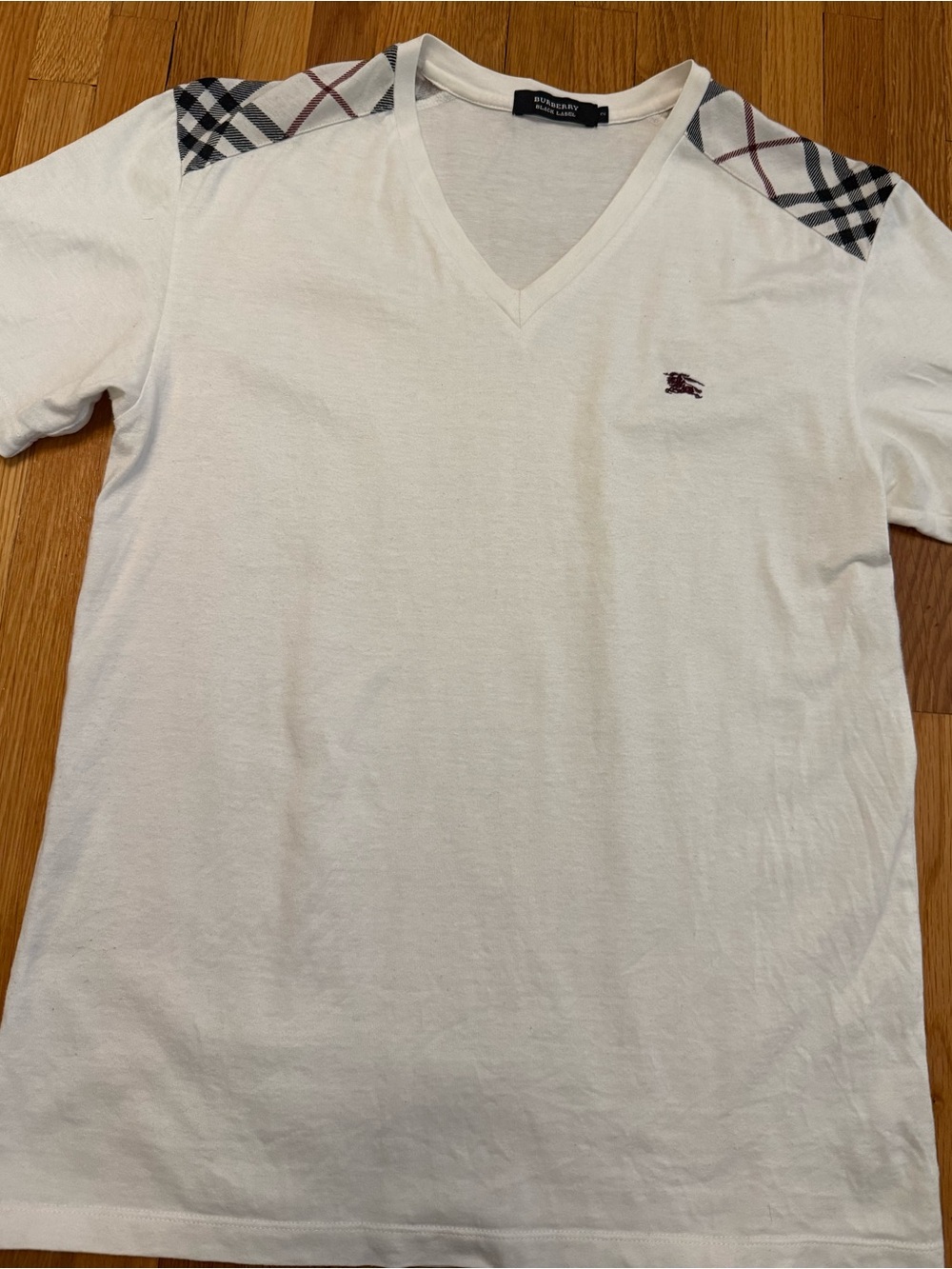 Burberry Black Label White V-Neck Tee with Plaid Shoulder Design Size S
